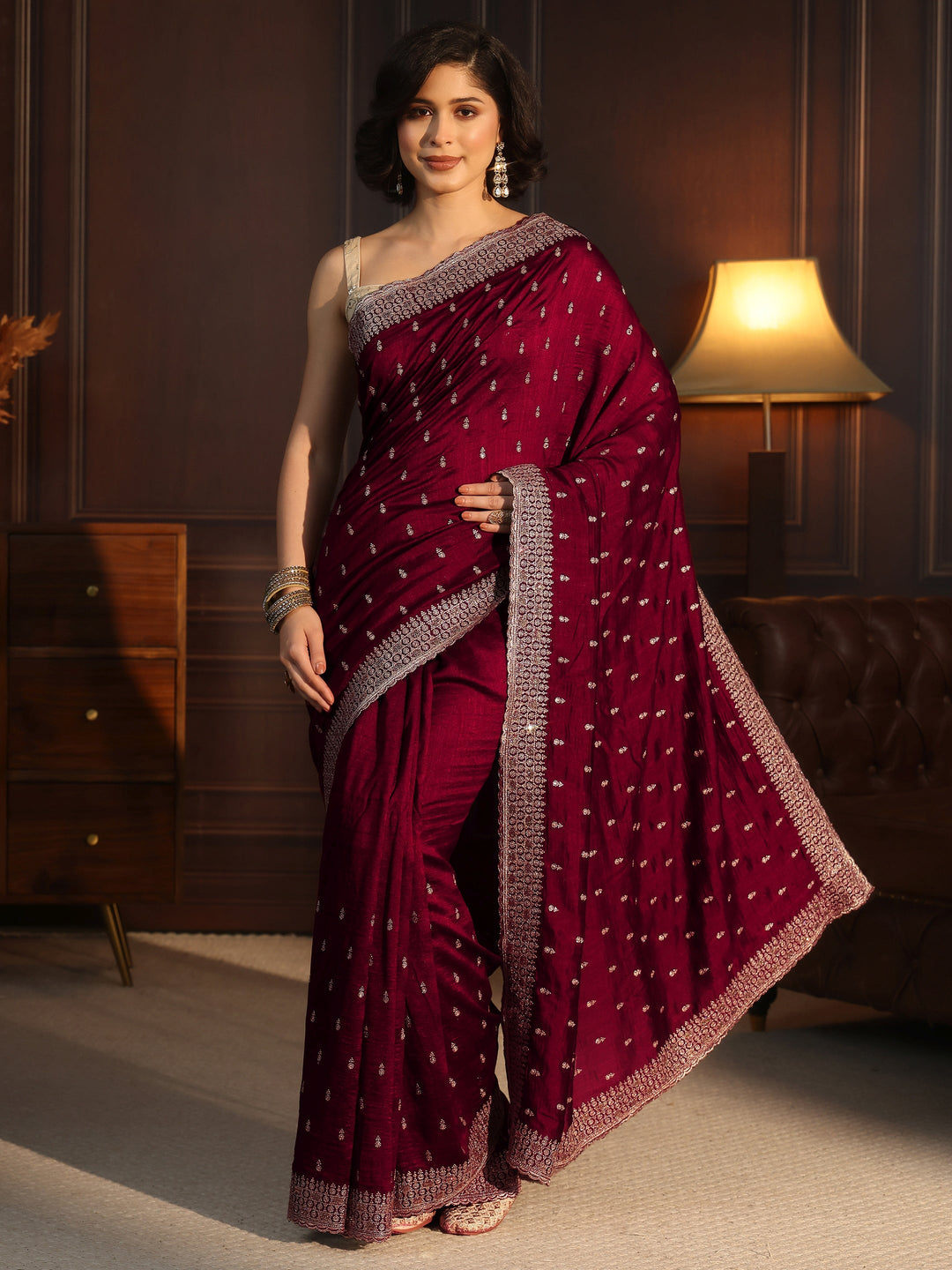  Libas Maroon Embellished Silk Blend Saree 