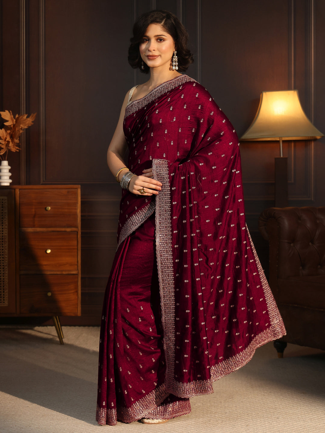 Libas Maroon Embellished Silk Blend Saree 