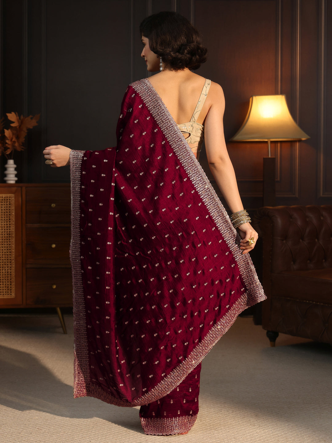  Libas Maroon Embellished Silk Blend Saree 