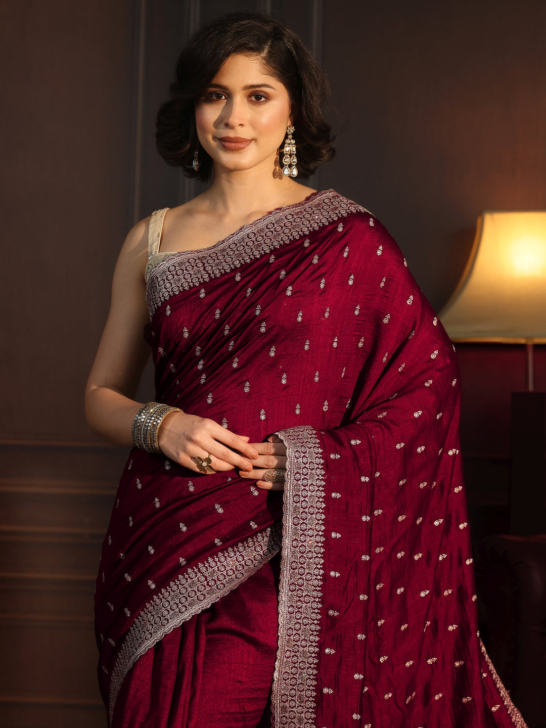  Libas Maroon Embellished Silk Blend Saree 