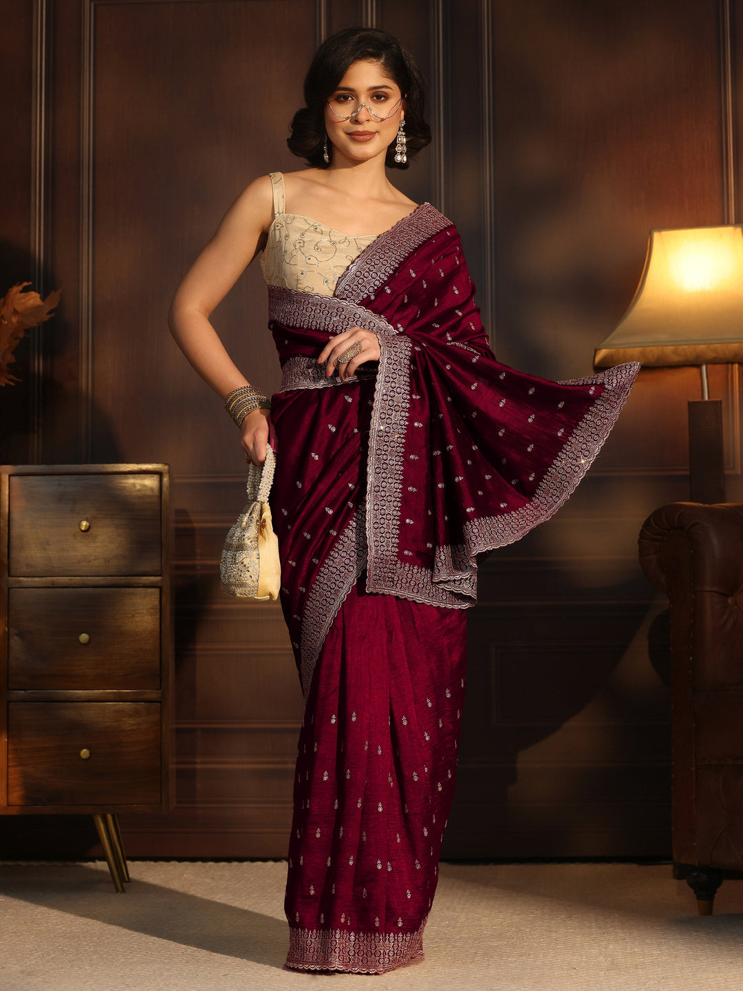  Libas Maroon Embellished Silk Blend Saree 