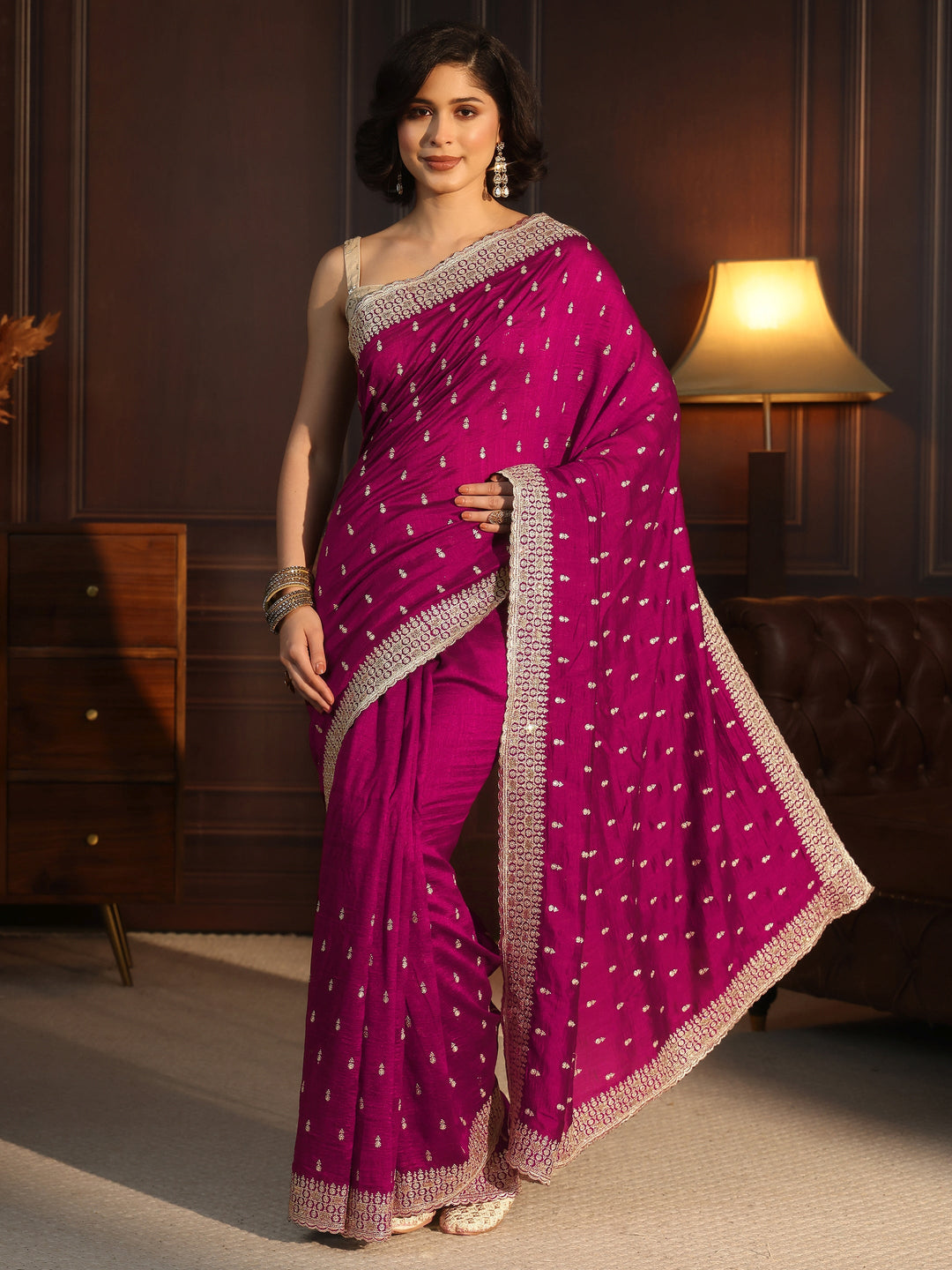  Libas Rose Pink Embellished Silk Blend Saree 