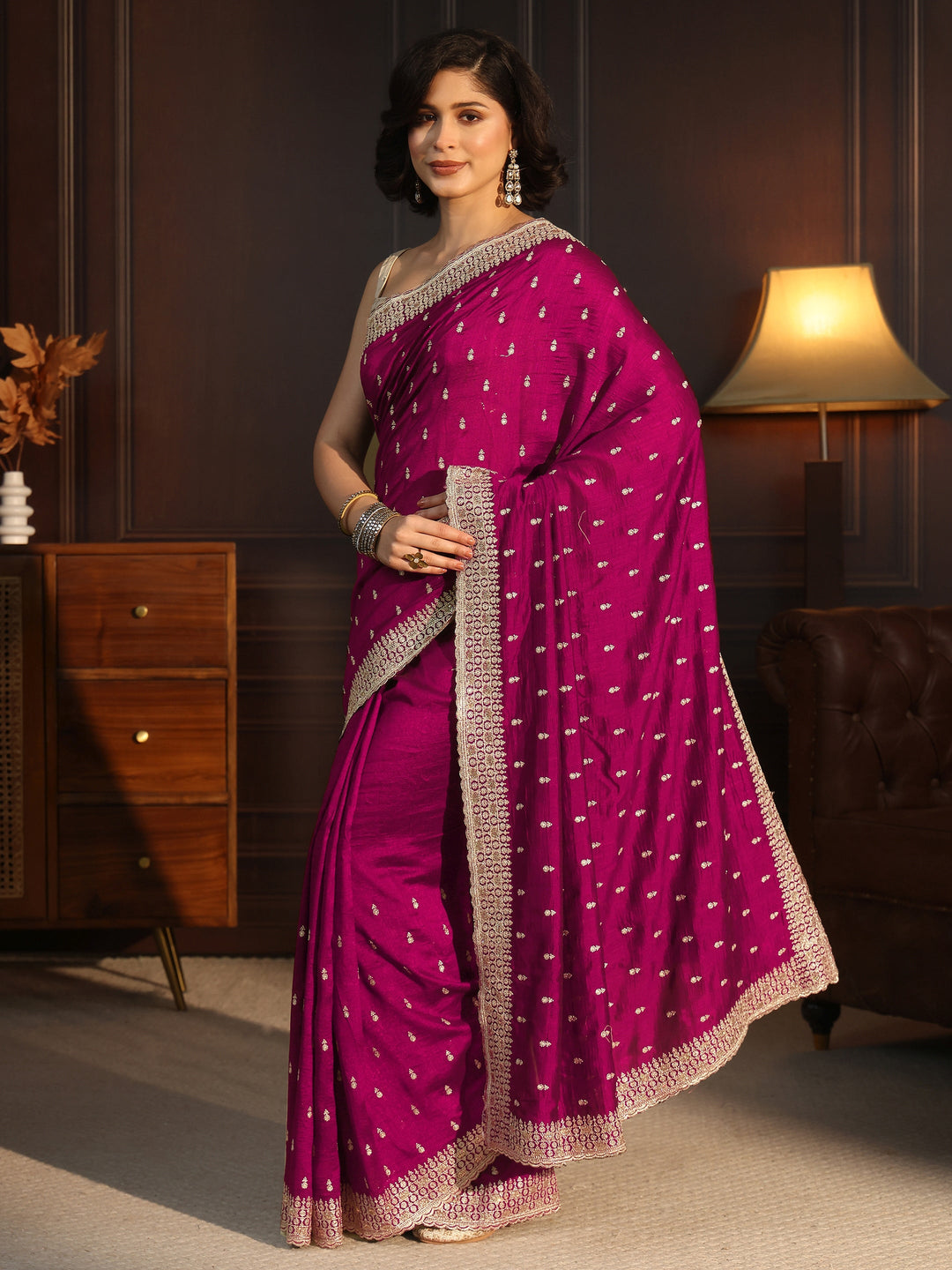  Libas Rose Pink Embellished Silk Blend Saree 