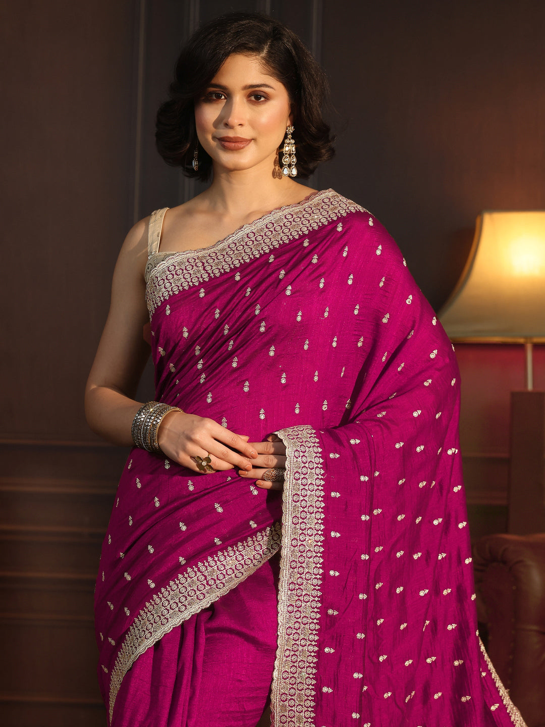  Libas Rose Pink Embellished Silk Blend Saree 