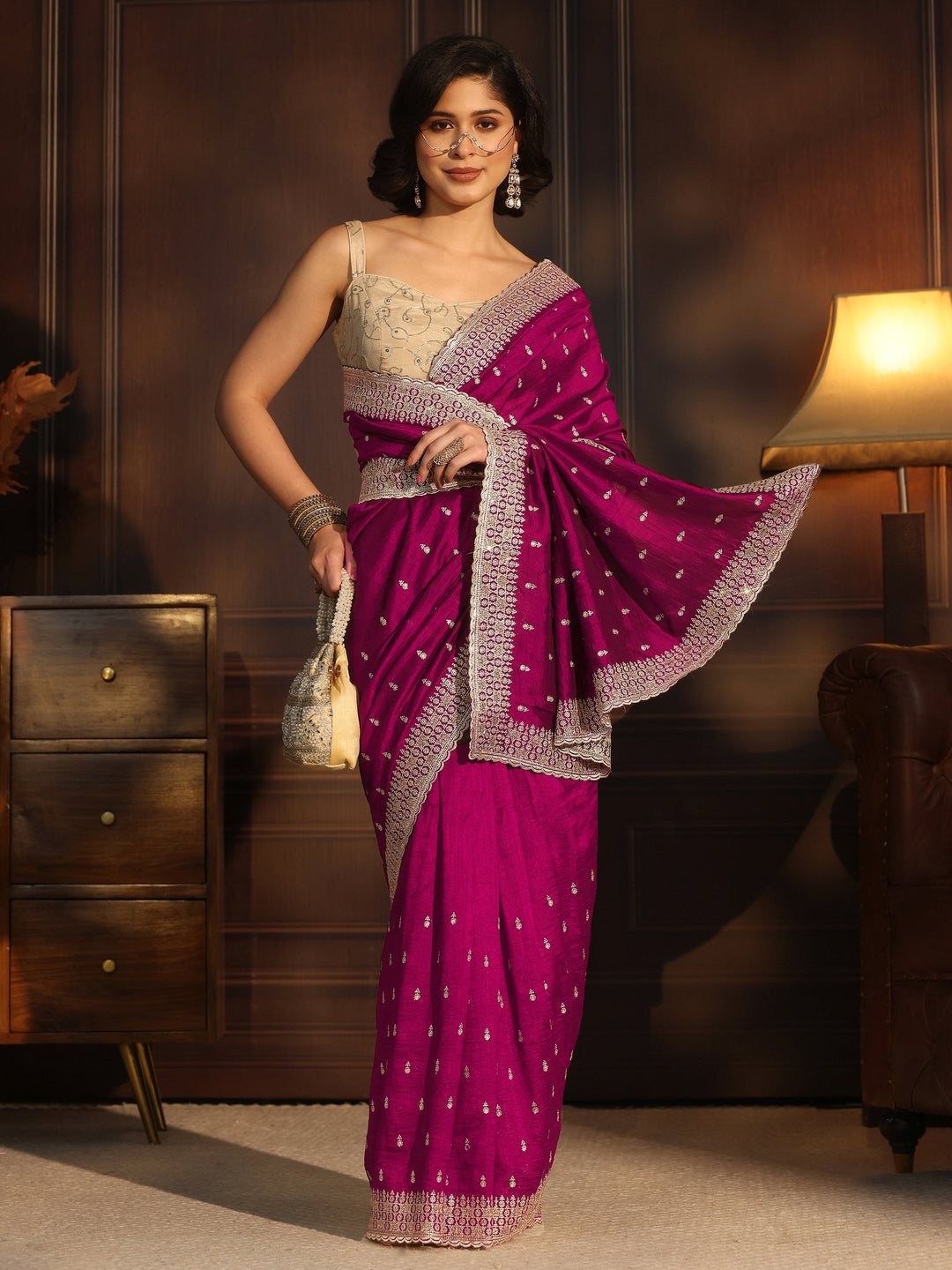  Libas Rose Pink Embellished Silk Blend Saree 