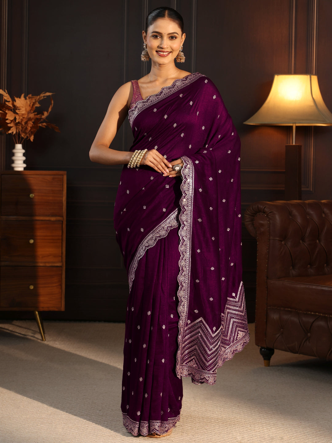  Libas Burgundy Embellished Scalloped Border Silk Blend Saree 