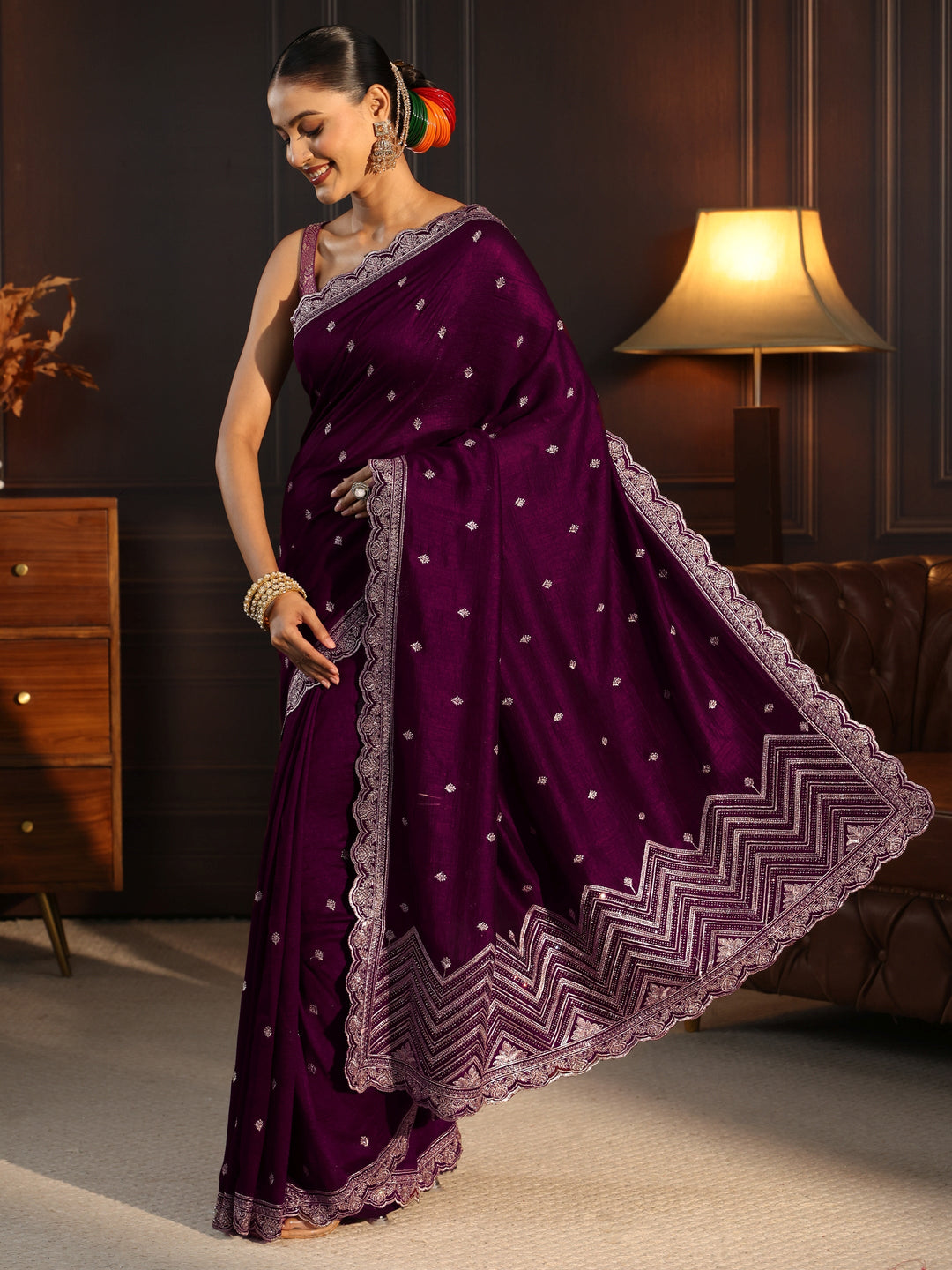  Libas Burgundy Embellished Scalloped Border Silk Blend Saree 