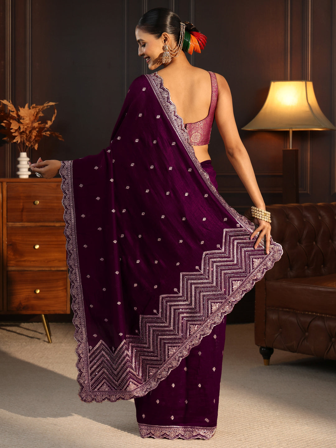  Libas Burgundy Embellished Scalloped Border Silk Blend Saree 