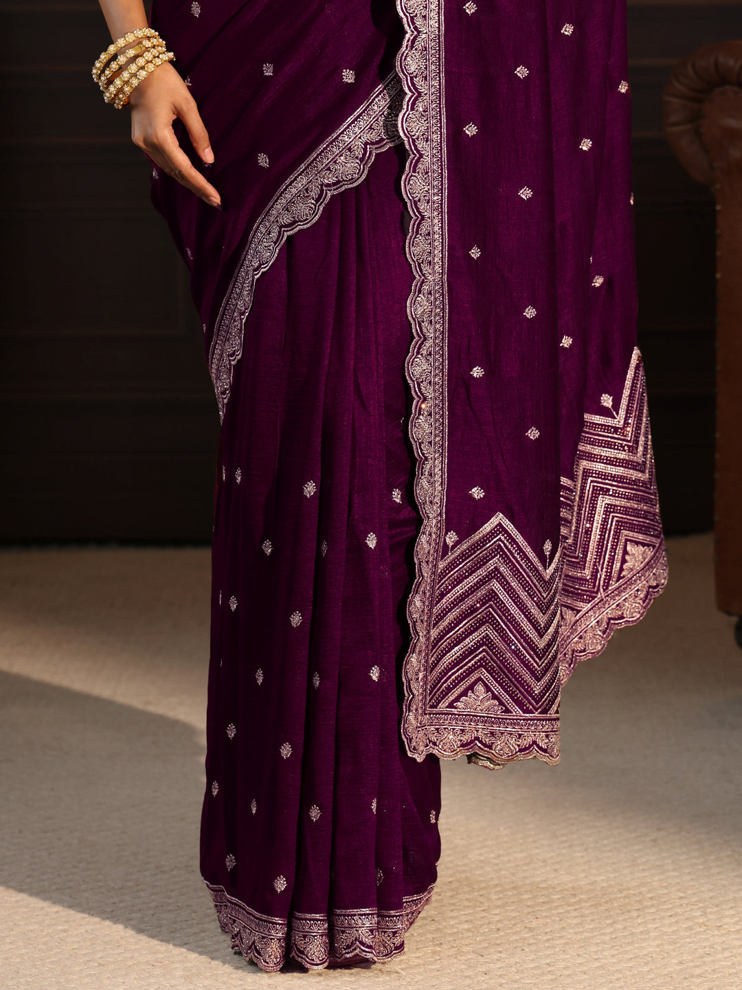  Libas Burgundy Embellished Scalloped Border Silk Blend Saree 