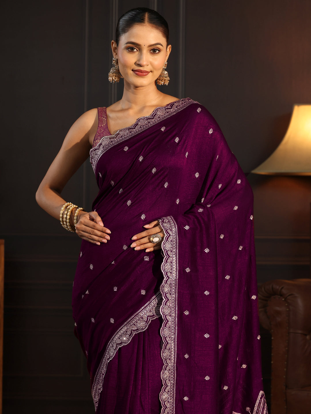  Libas Burgundy Embellished Scalloped Border Silk Blend Saree 