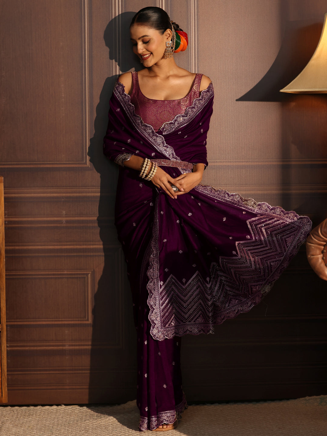  Libas Burgundy Embellished Scalloped Border Silk Blend Saree 