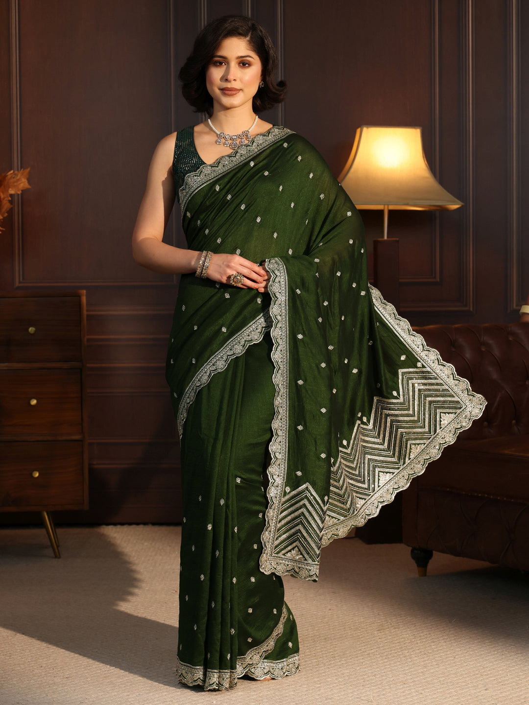  Libas Jungle Green Embellished Scalloped Border Silk Blend Saree 