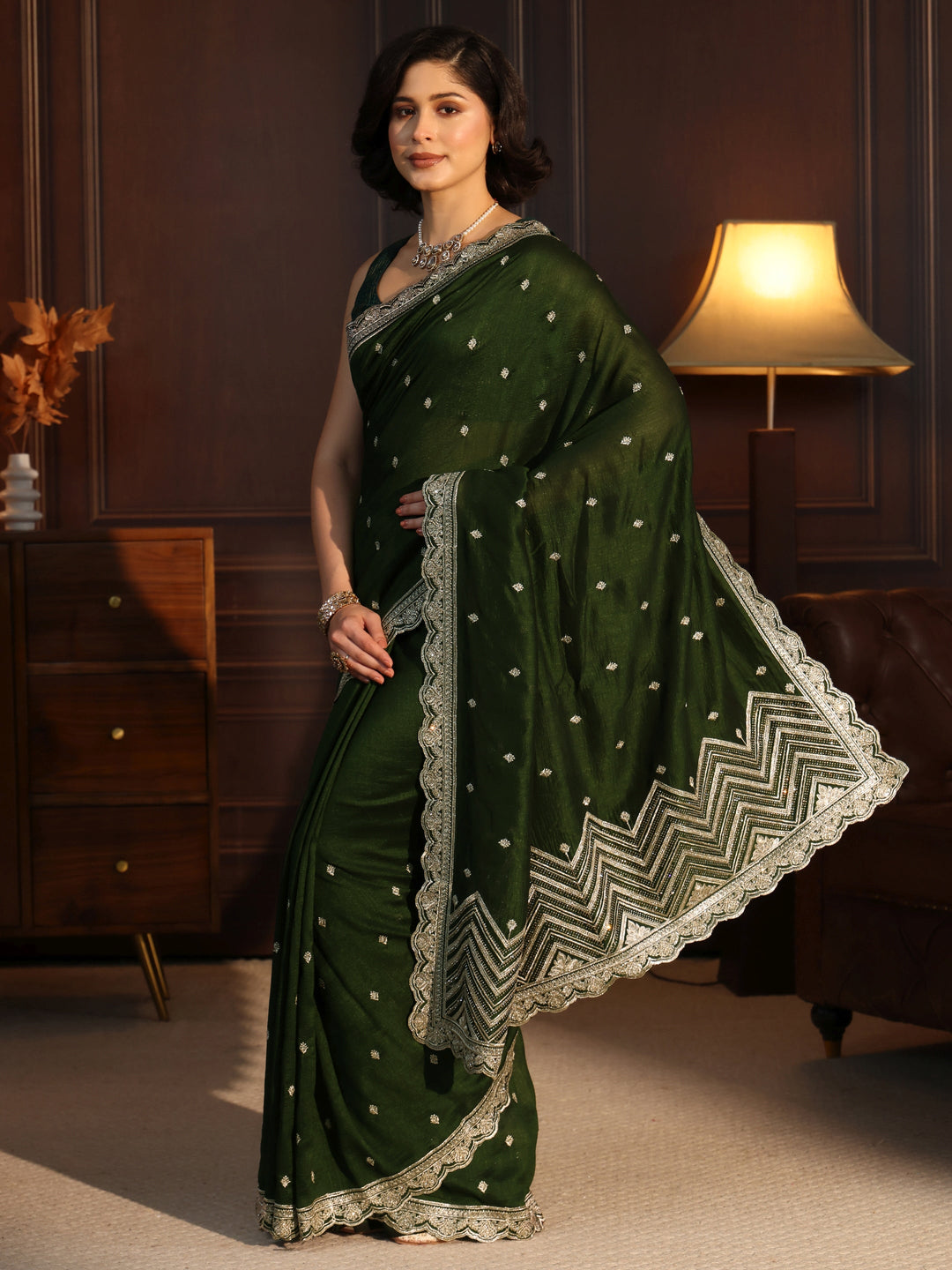  Libas Jungle Green Embellished Scalloped Border Silk Blend Saree 