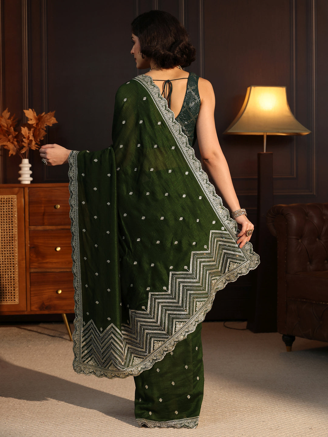 Libas Jungle Green Embellished Scalloped Border Silk Blend Saree 