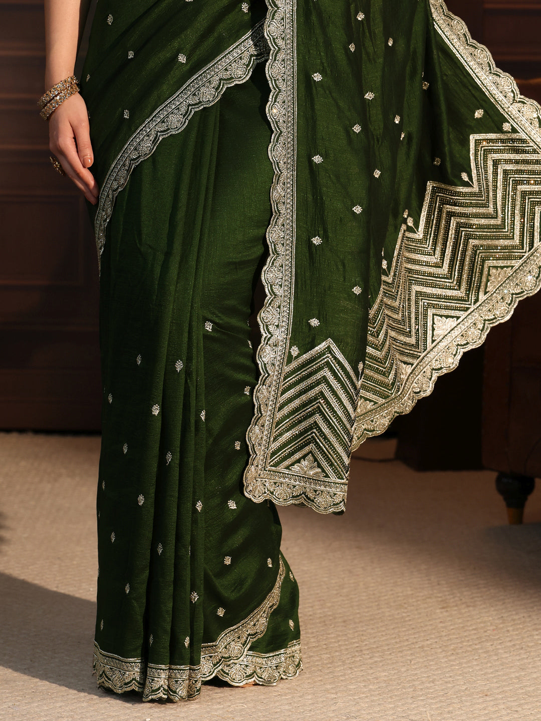  Libas Jungle Green Embellished Scalloped Border Silk Blend Saree 