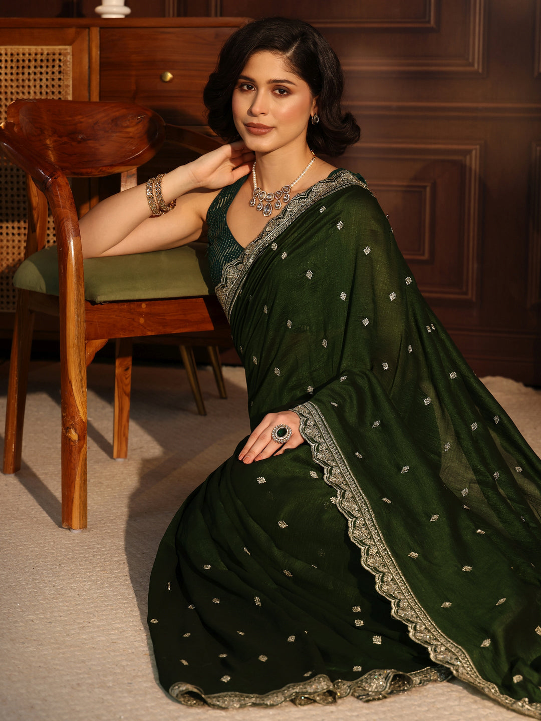  Libas Jungle Green Embellished Scalloped Border Silk Blend Saree 