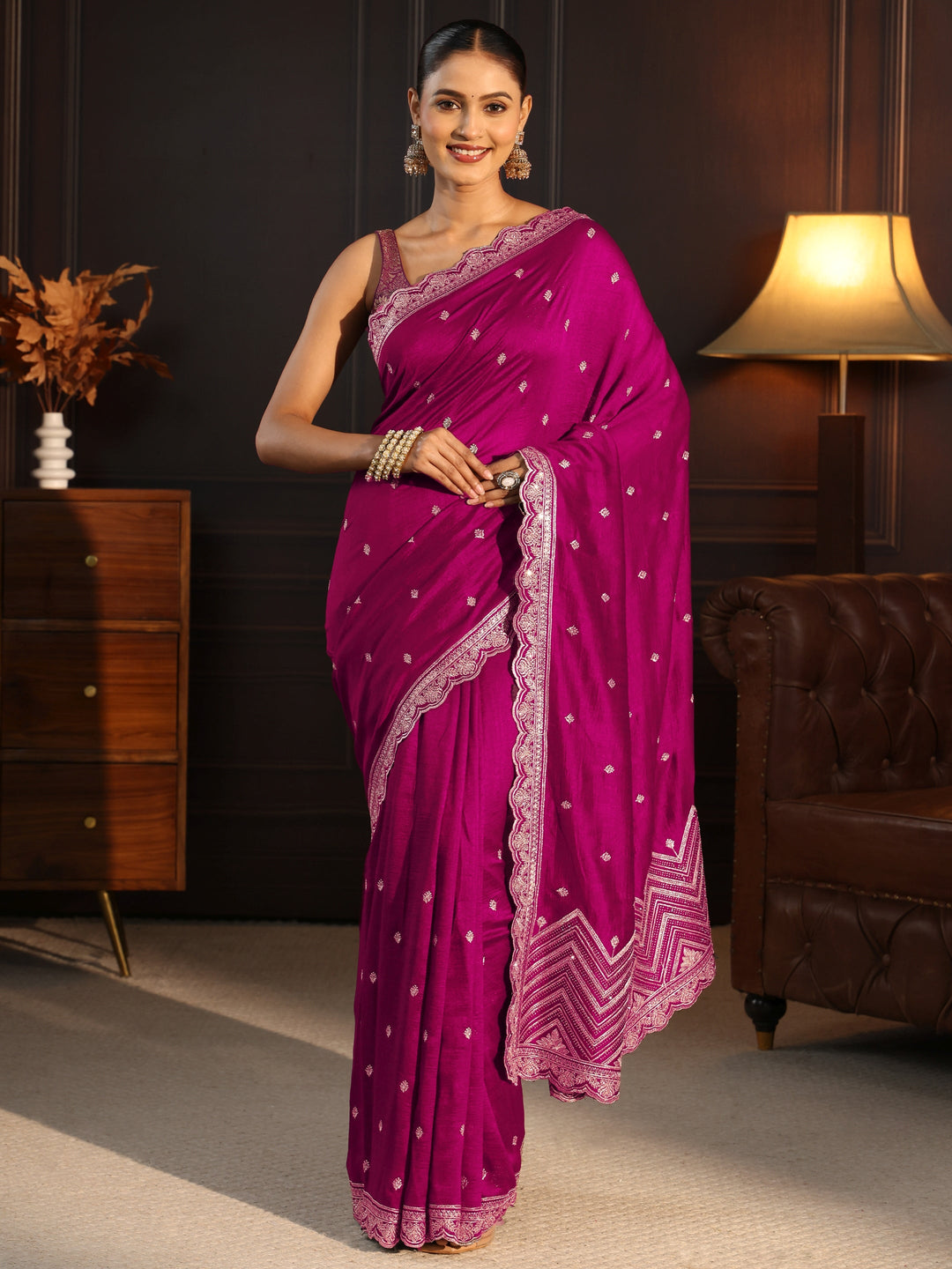 Libas Magenta Pink Embellished Scalloped Border Silk Blend Saree 