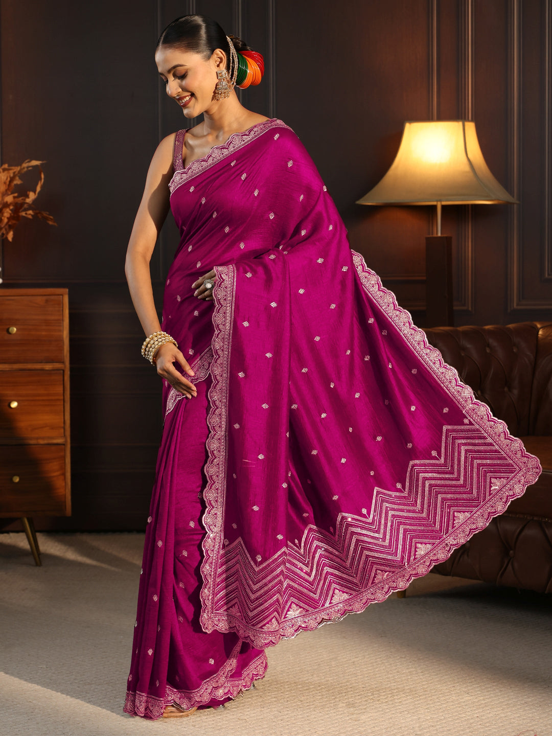  Libas Magenta Pink Embellished Scalloped Border Silk Blend Saree 