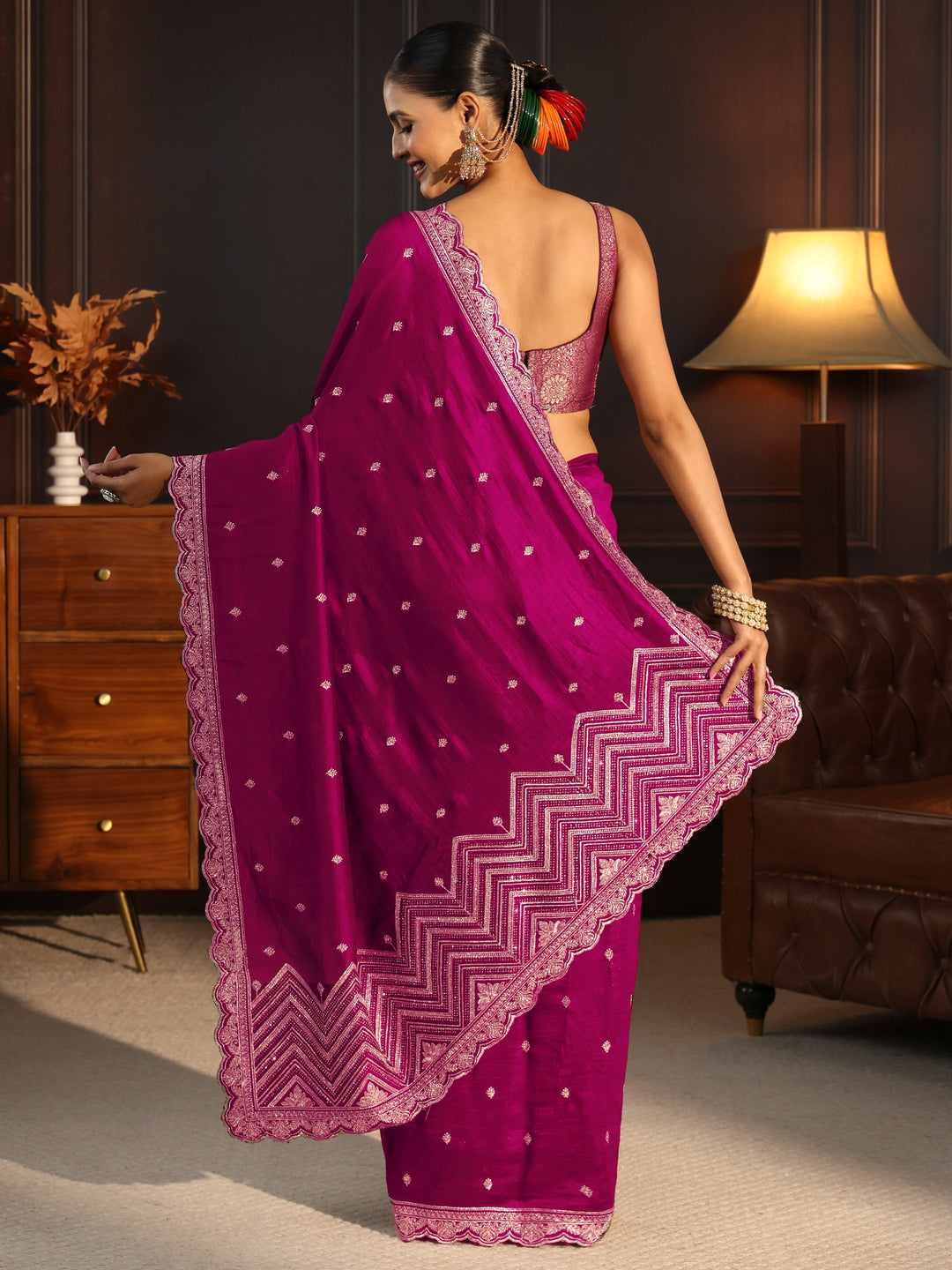  Libas Magenta Pink Embellished Scalloped Border Silk Blend Saree 