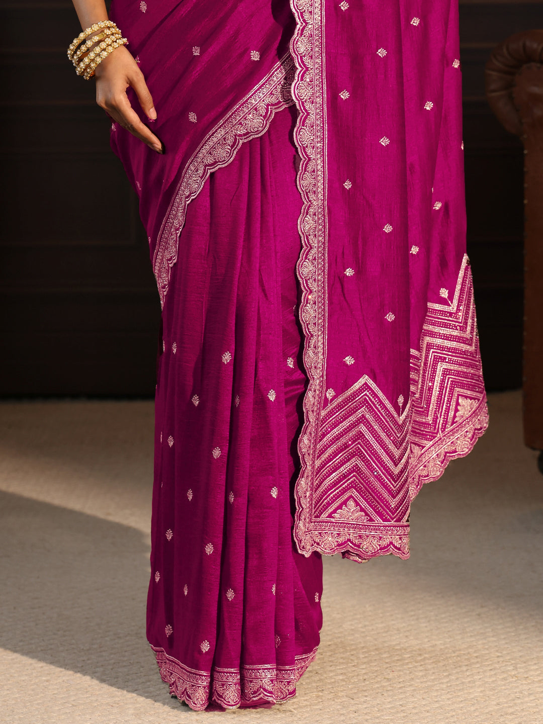 Libas Magenta Pink Embellished Scalloped Border Silk Blend Saree 