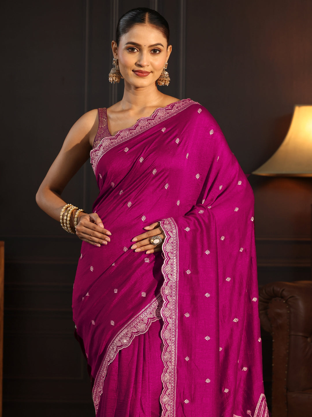  Libas Magenta Pink Embellished Scalloped Border Silk Blend Saree 