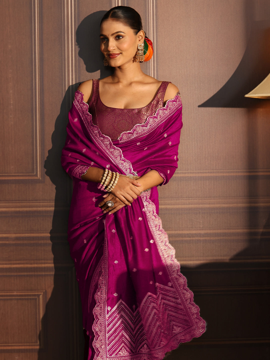  Libas Magenta Pink Embellished Scalloped Border Silk Blend Saree 