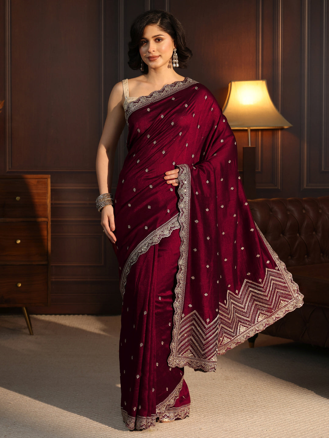  Libas Maroon Embellished Scalloped Border Silk Blend Saree 