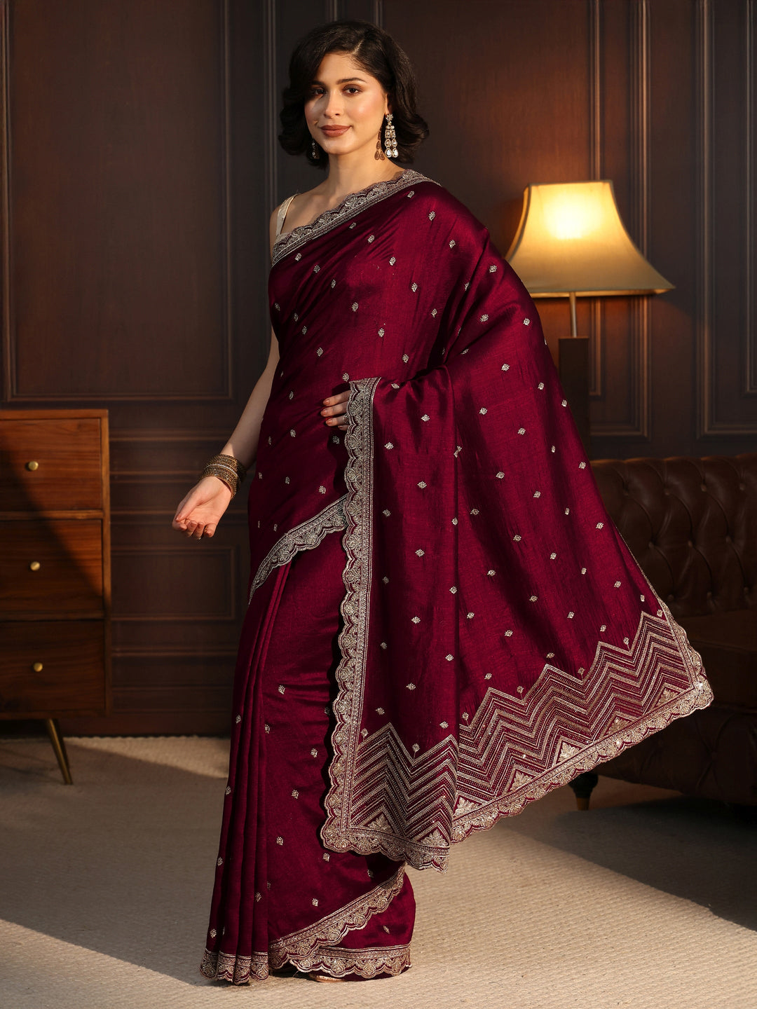  Libas Maroon Embellished Scalloped Border Silk Blend Saree 