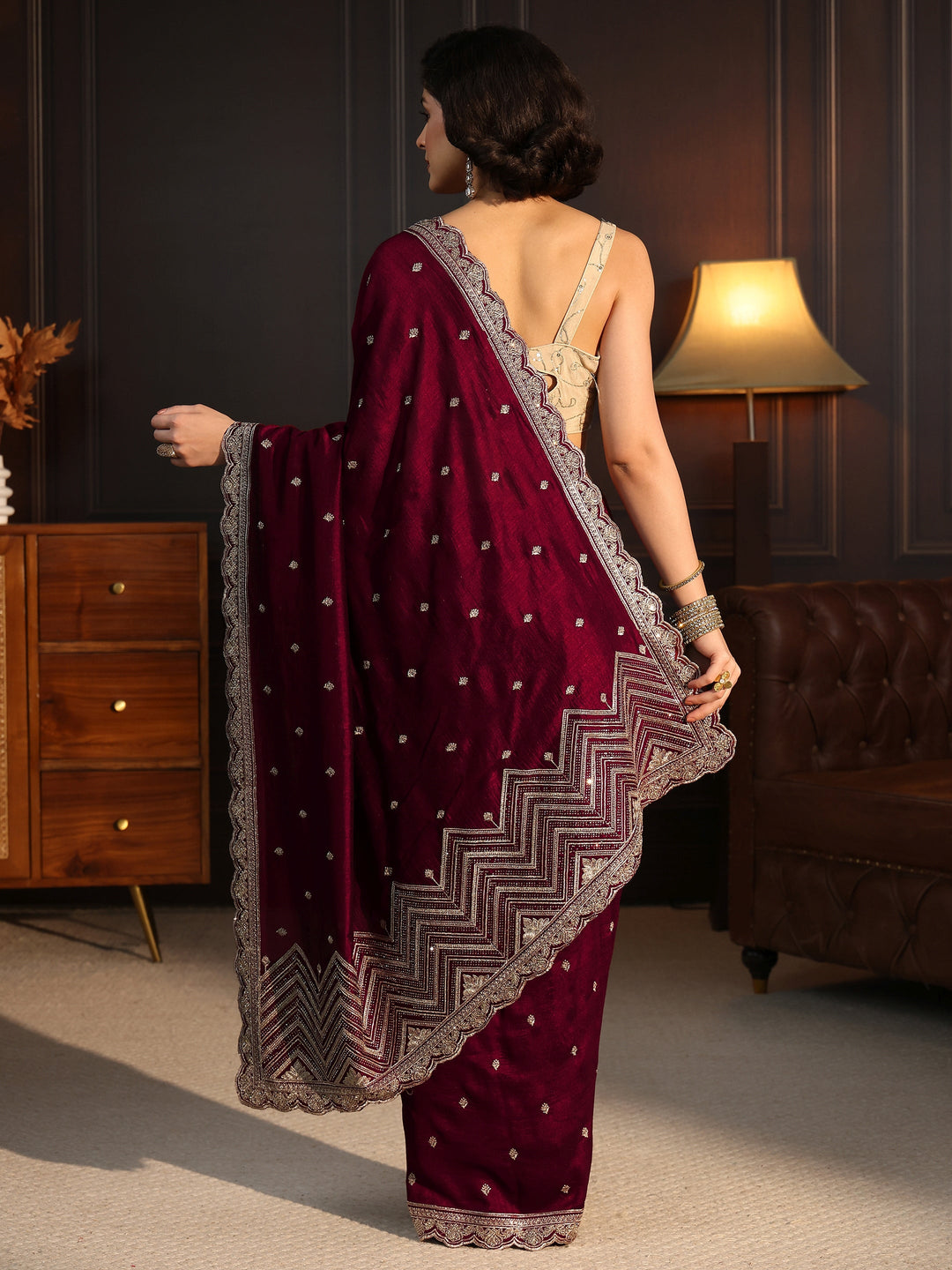  Libas Maroon Embellished Scalloped Border Silk Blend Saree 