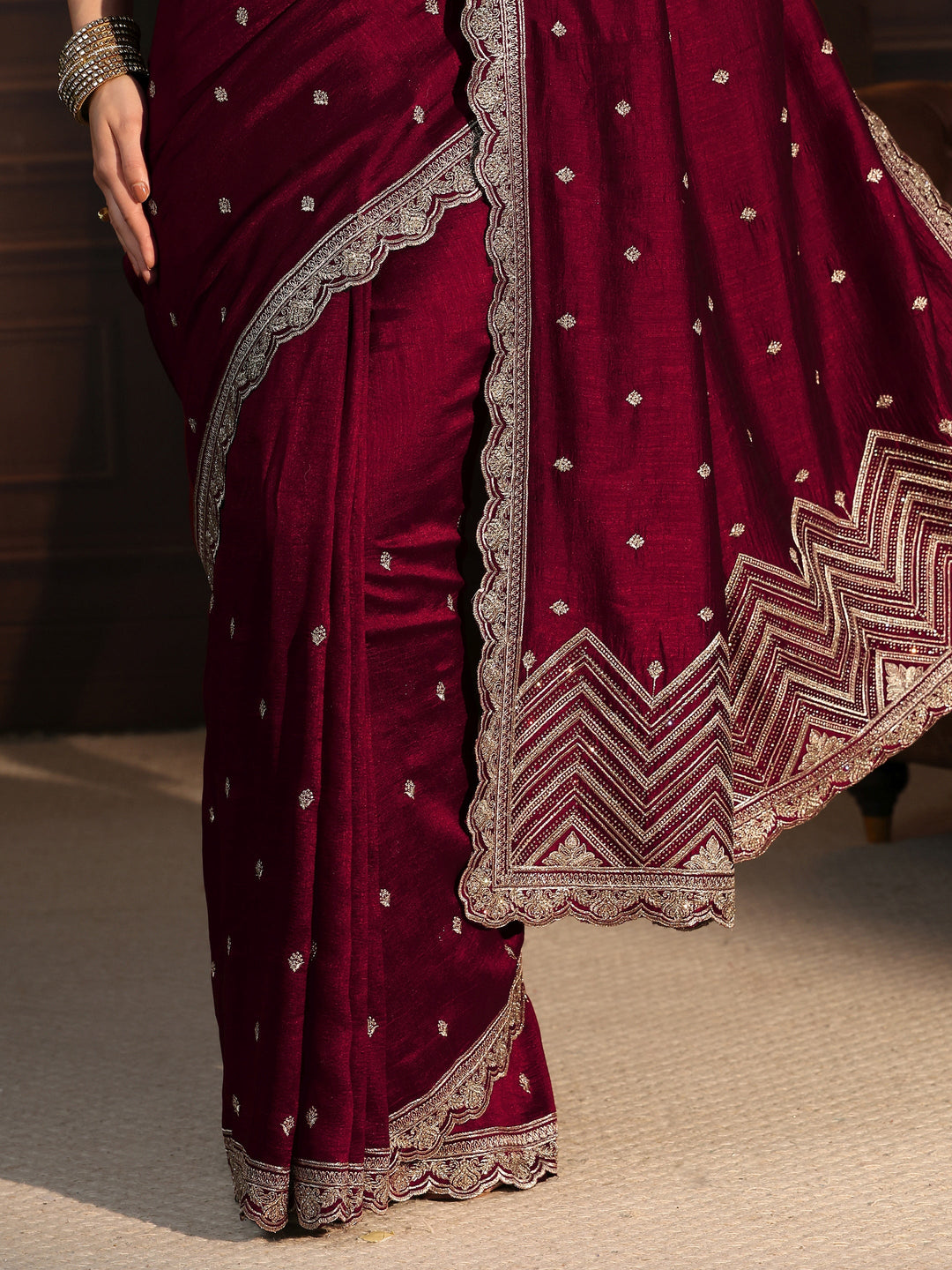  Libas Maroon Embellished Scalloped Border Silk Blend Saree 