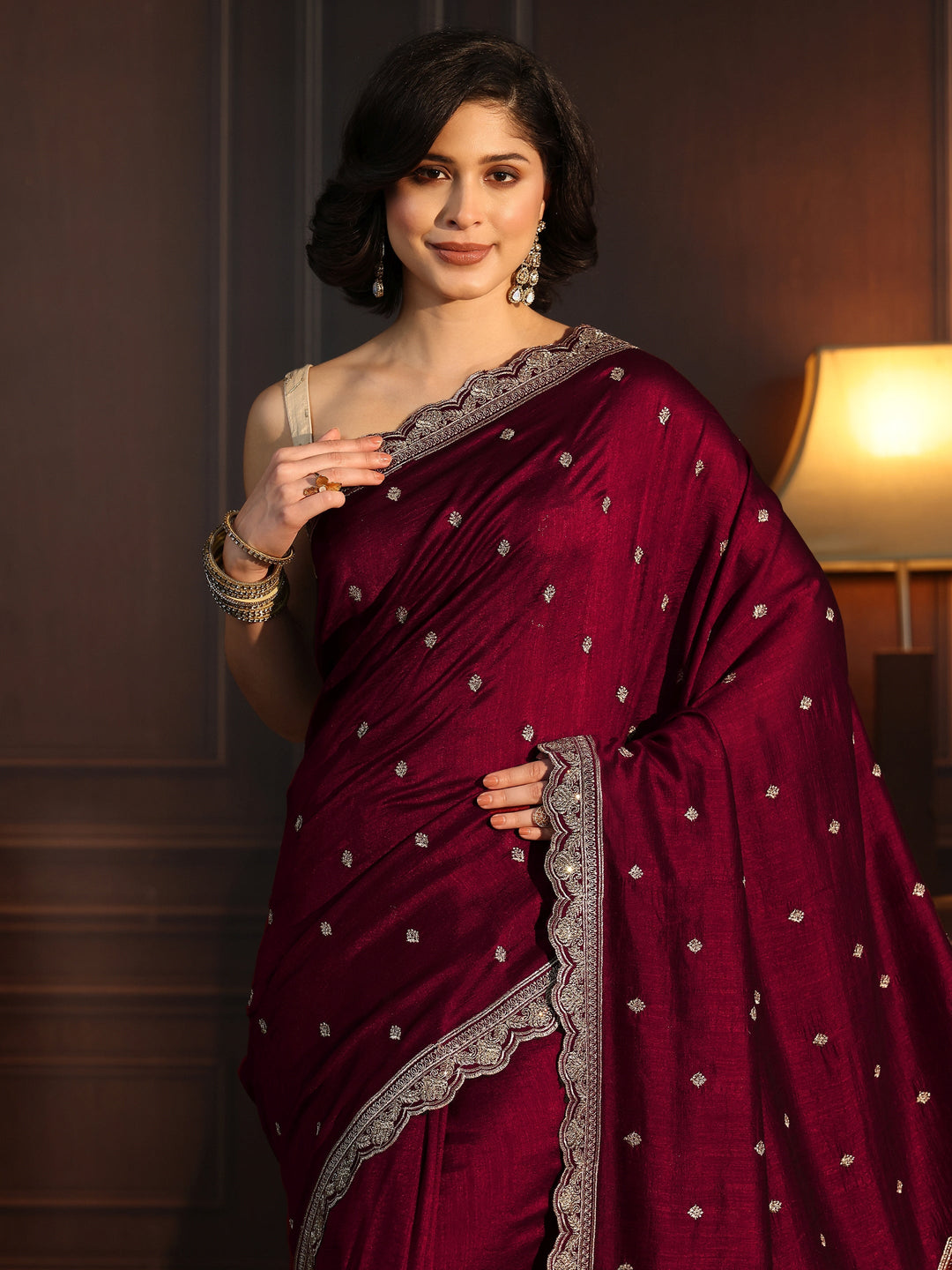  Libas Maroon Embellished Scalloped Border Silk Blend Saree 