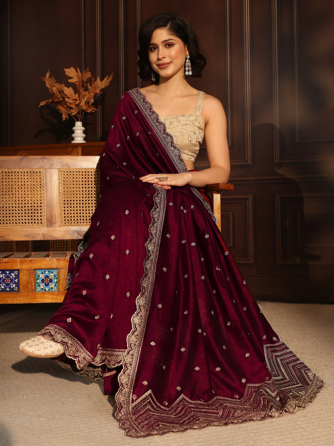  Libas Maroon Embellished Scalloped Border Silk Blend Saree 