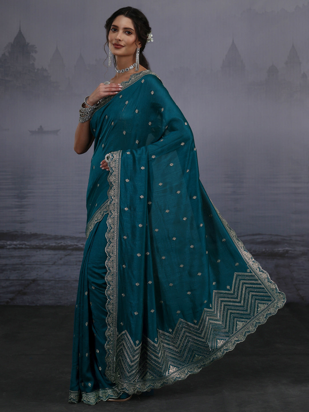  Libas Blue Floral Embroidered Silk Blend Saree with Scalloped Border 