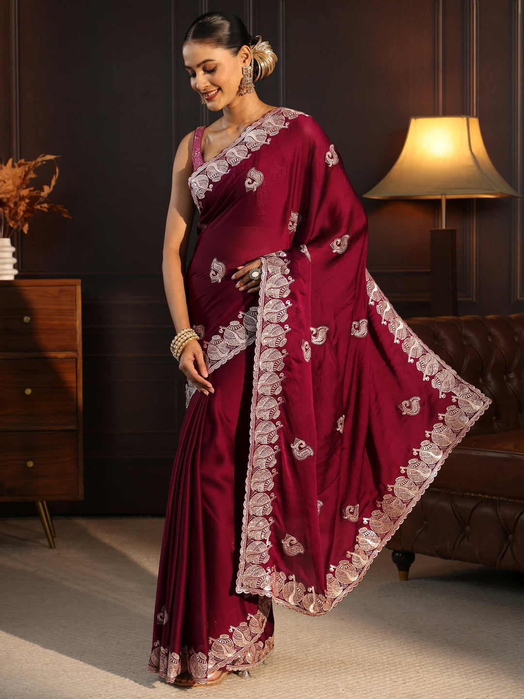  Libas Red Stone Work Embellished Chiffon Saree 
