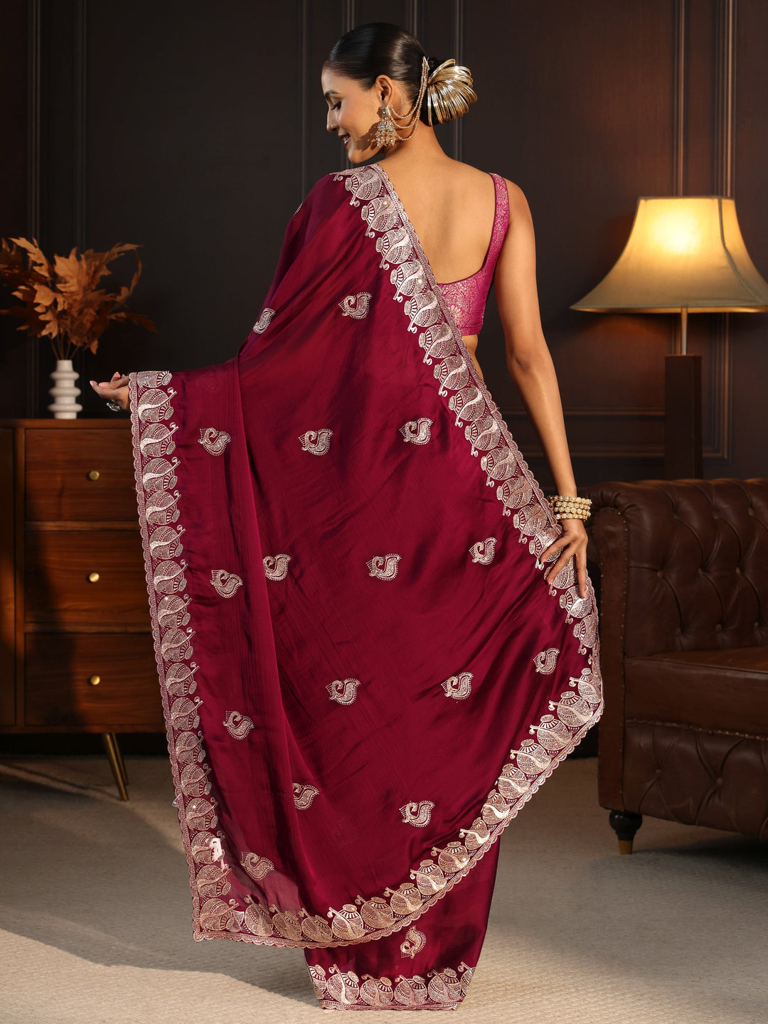  Libas Red Stone Work Embellished Chiffon Saree 