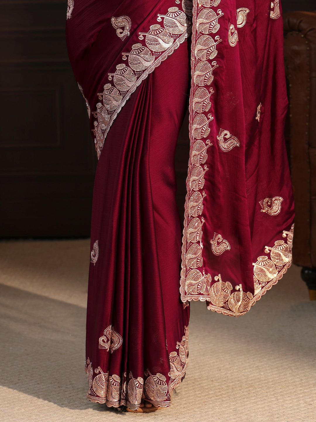  Libas Red Stone Work Embellished Chiffon Saree 