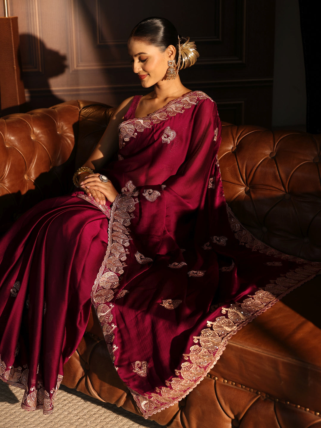  Libas Red Stone Work Embellished Chiffon Saree 