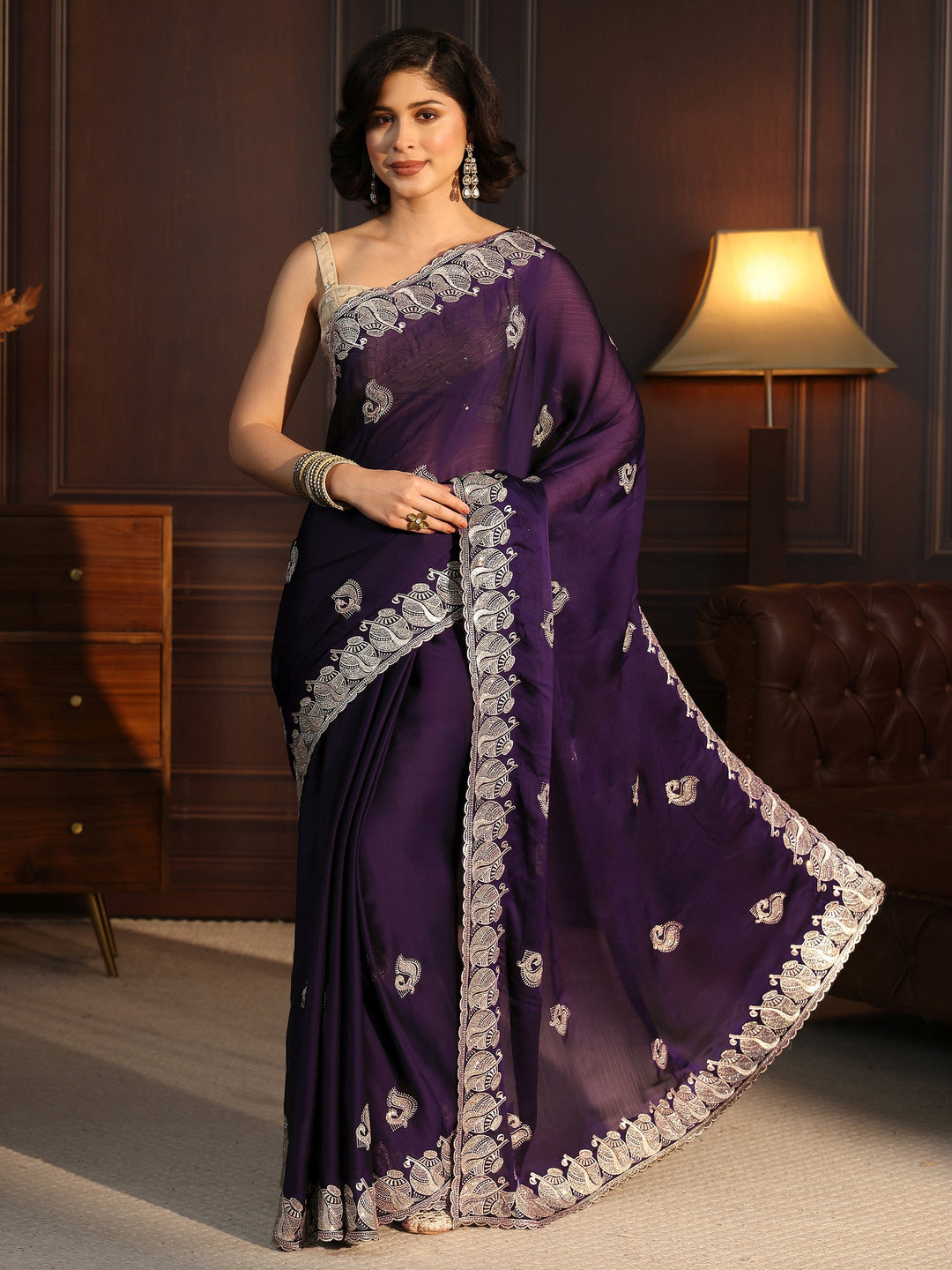  Libas Purple Stone Work Embellished Chiffon Saree 