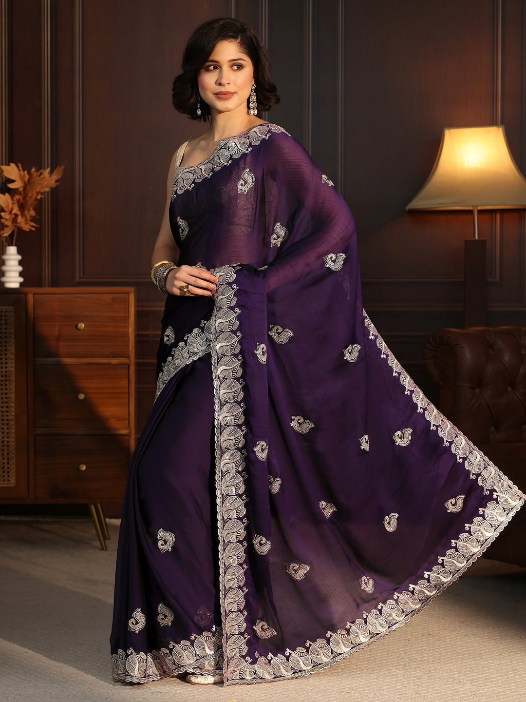  Libas Purple Stone Work Embellished Chiffon Saree 