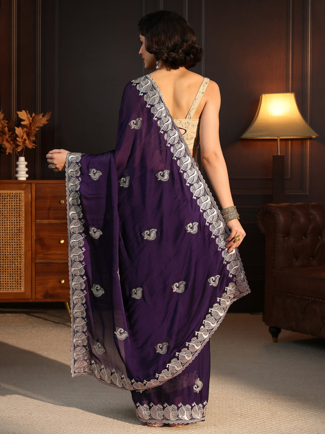  Libas Purple Stone Work Embellished Chiffon Saree 