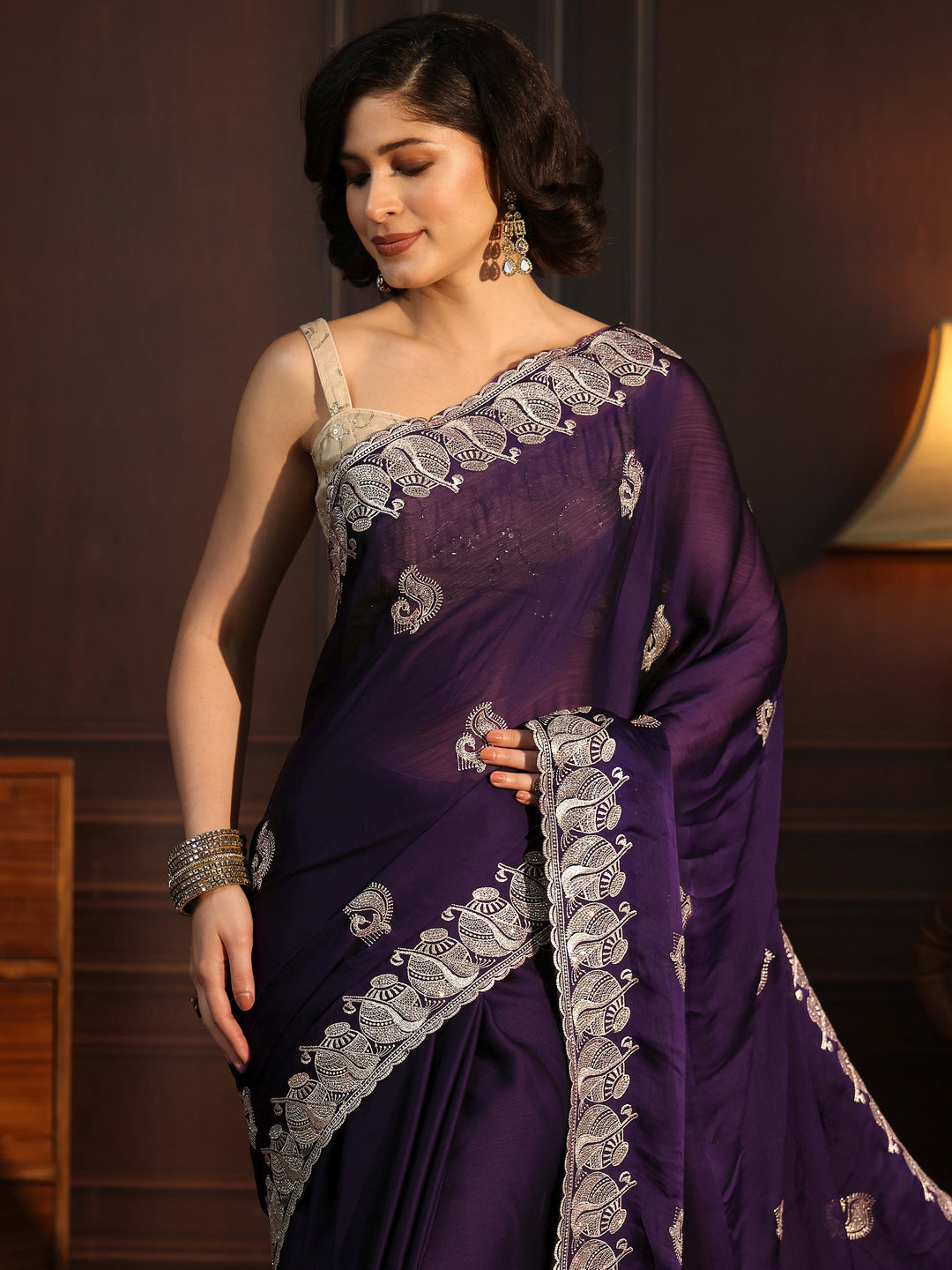  Libas Purple Stone Work Embellished Chiffon Saree 