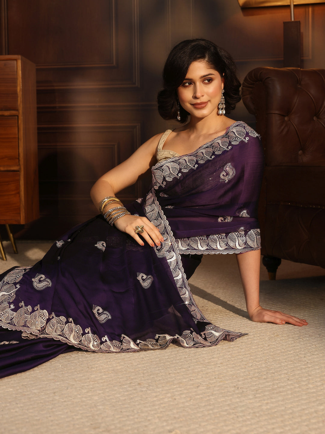  Libas Purple Stone Work Embellished Chiffon Saree 
