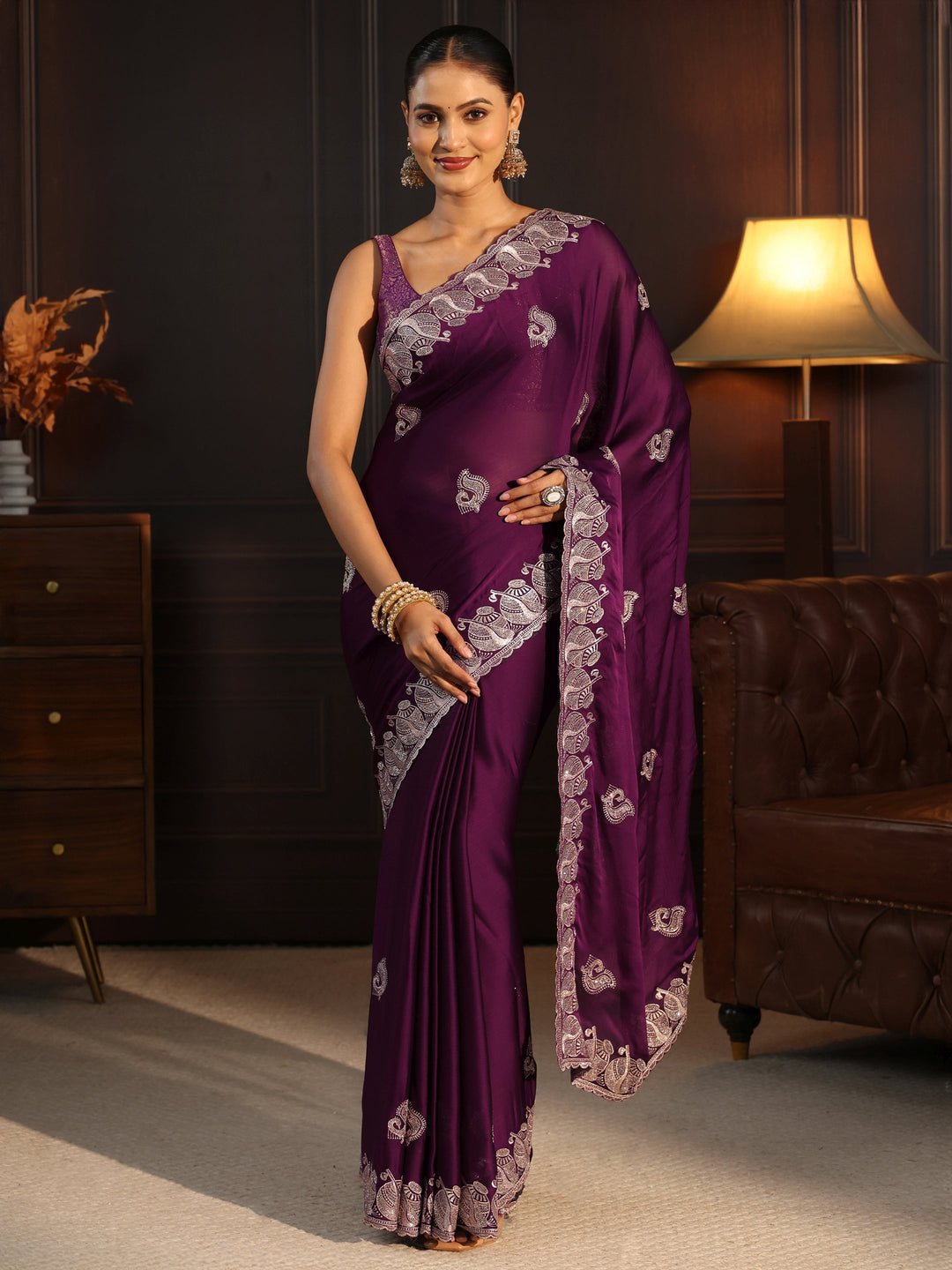  Libas Wine Stone Work Embellished Chiffon Saree 
