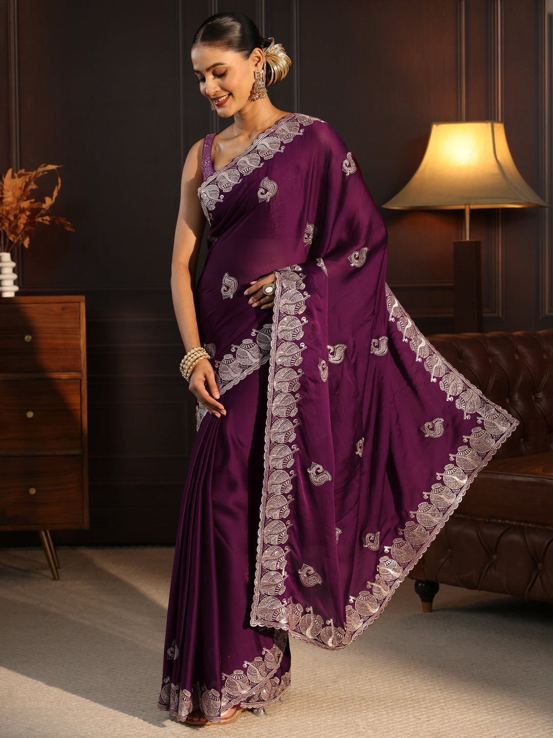  Libas Wine Stone Work Embellished Chiffon Saree 