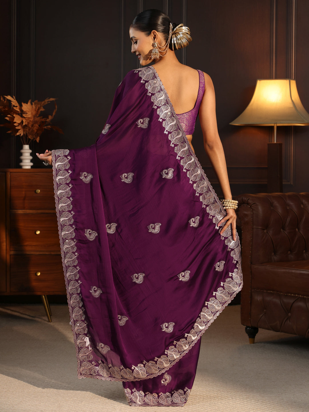  Libas Wine Stone Work Embellished Chiffon Saree 