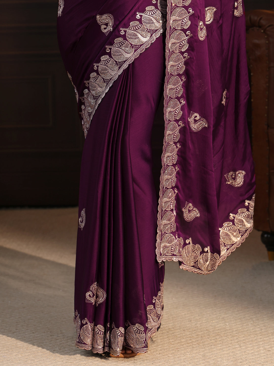  Libas Wine Stone Work Embellished Chiffon Saree 
