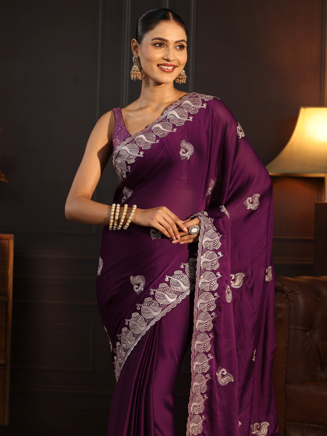  Libas Wine Stone Work Embellished Chiffon Saree 