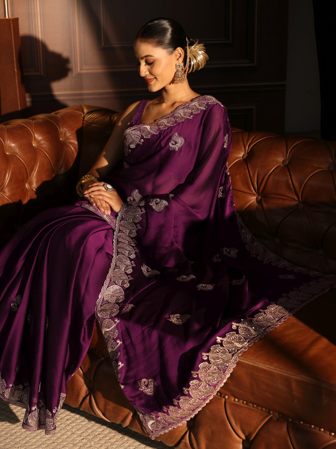  Libas Wine Stone Work Embellished Chiffon Saree 