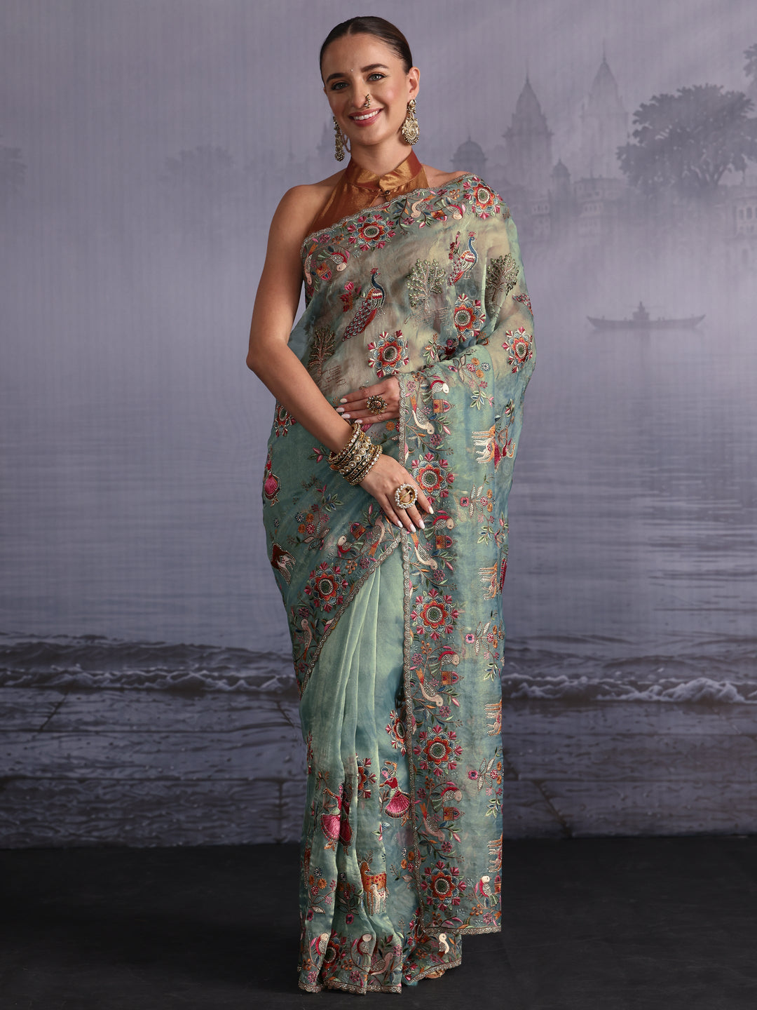  Libas Art Green Ethnic Embroidered Stone Work Tissue Saree 