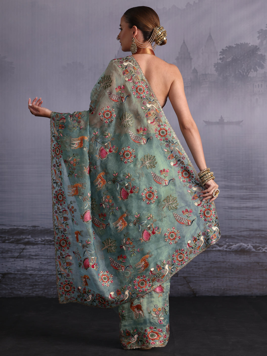  Libas Art Green Ethnic Embroidered Stone Work Tissue Saree 